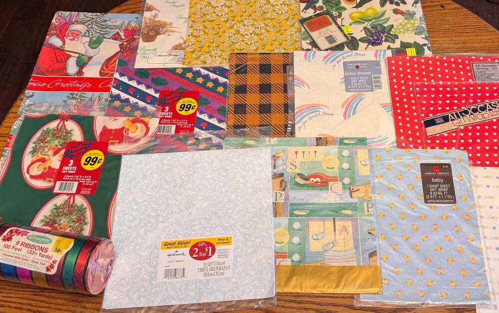 Vintage Mixed Lot of Gift Wrap Sheets and Ribbon - Hallmark, American Greetings,